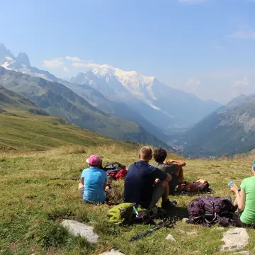 Friends resting on an alpine meadow with their backpacks, looking out at snow-capped mountains.